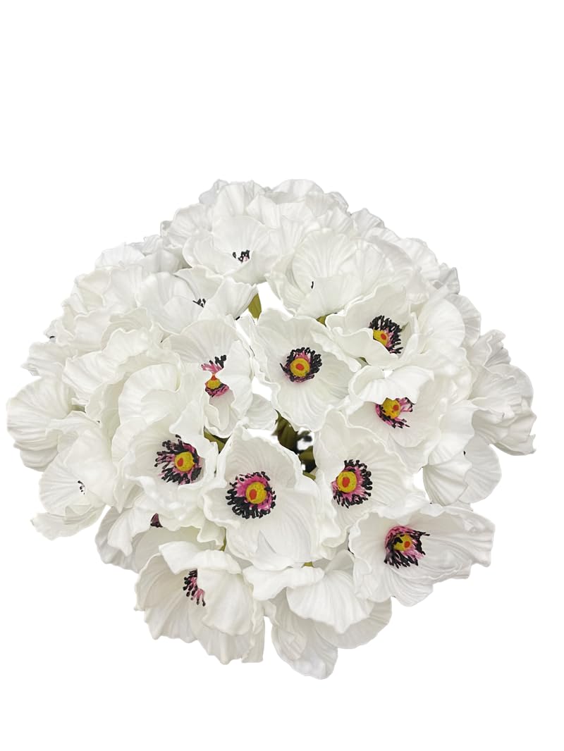 LebriTamFa 10 Stems Artificial Poppies Real Touch PU Fake Latex Flowers for Wedding Holiday Bridal Bouquet Home Party Decor (White) - Image 5